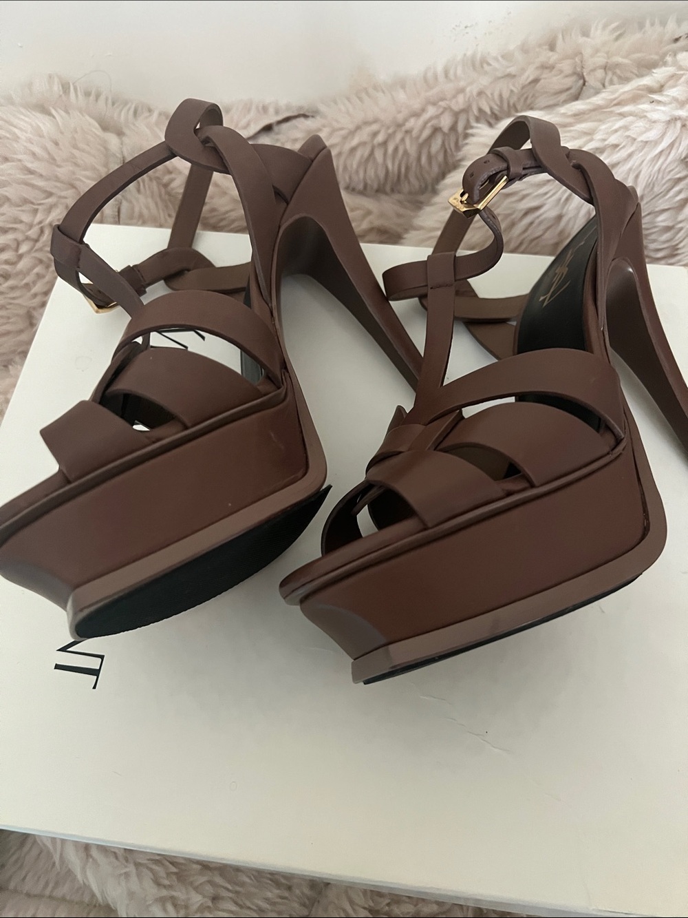 Yves Saint Laurent Brown Leather Knotted Platform Heels with Gold Logo - Picture 5 of 8